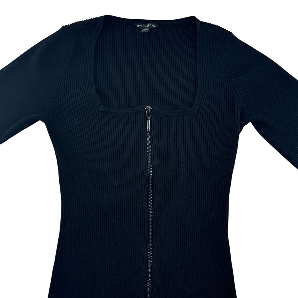 GUESS Ribbed Knit Zip Up Square Neck Long Sleeve Sweater Black Women's L